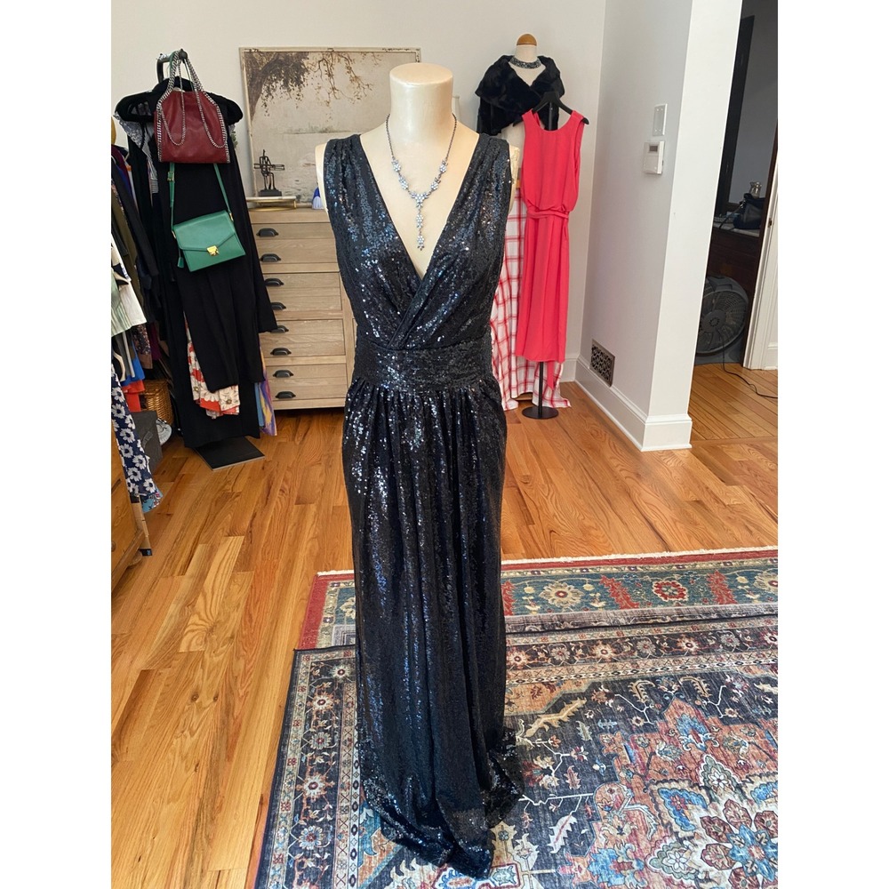 Kate Kasin Womens Black Sequin V-Neck Sleeveless Formal Evening Gown Size 10 M
